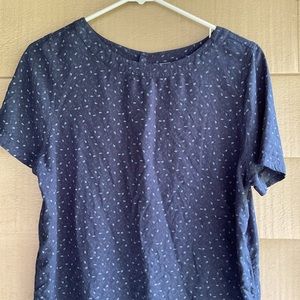 Susie’s top dark blue leaf print rayon backside buttons